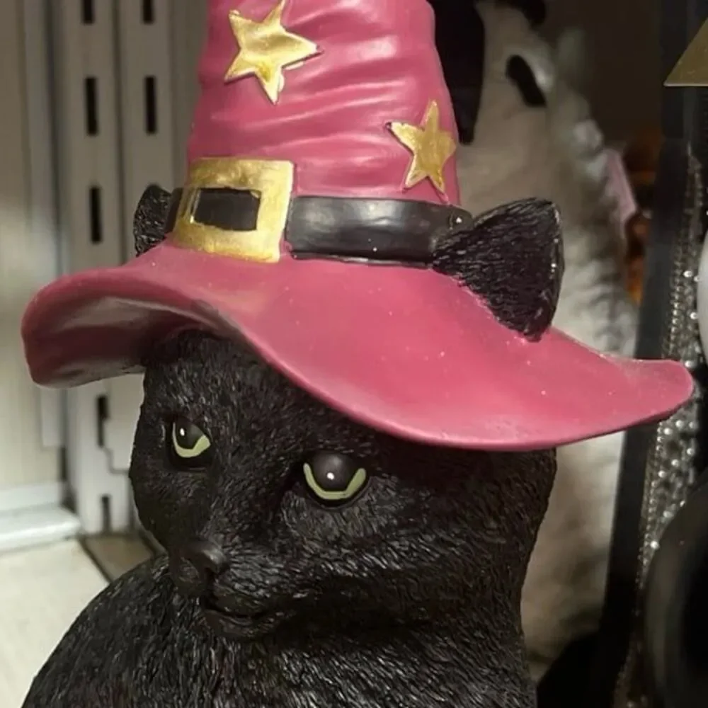 Halloween Witch Hat Black Cat Stars Figurine Decor